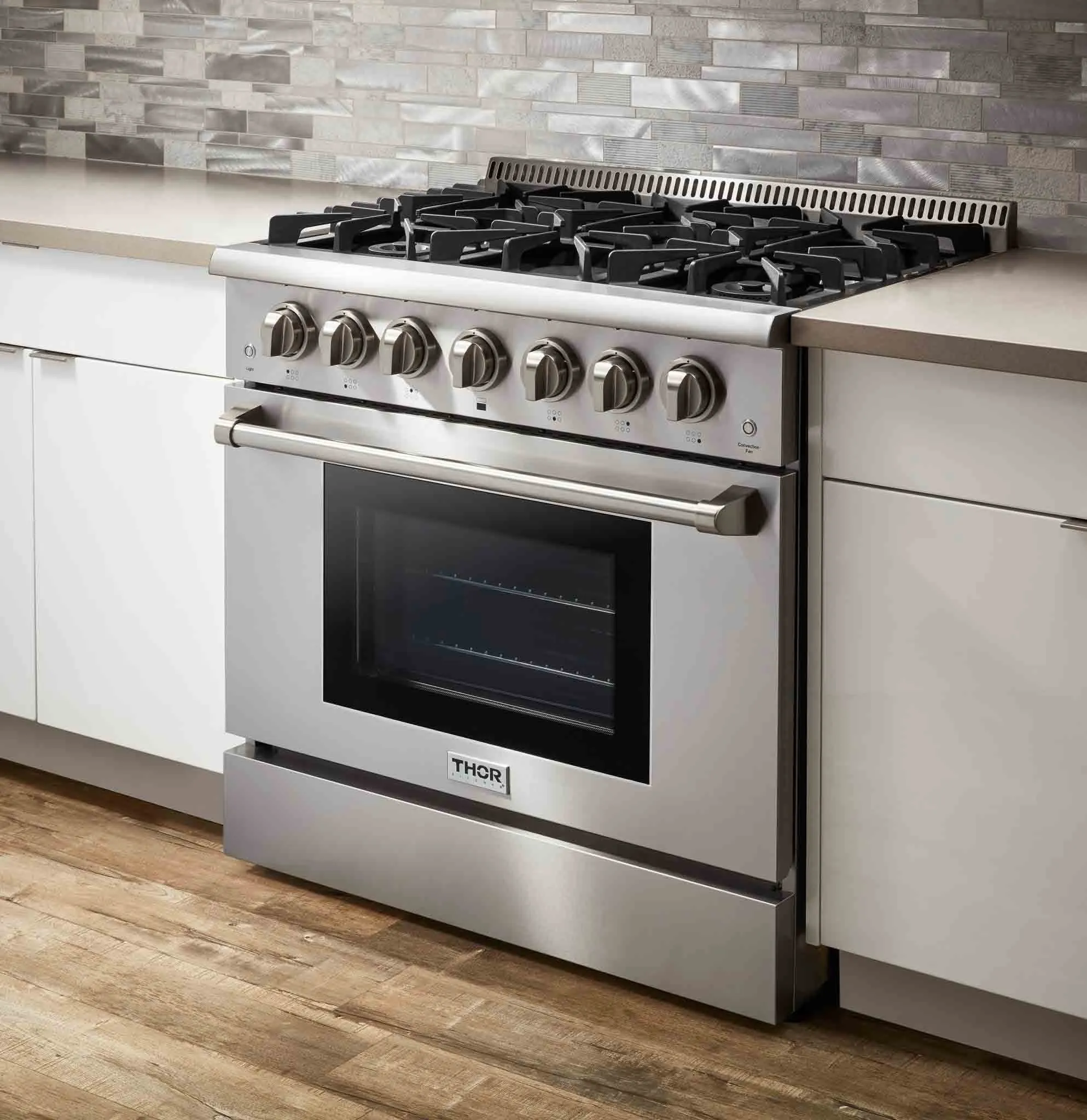 Thor Kitchen 5-Piece Pro Appliance Package - 36-Inch Gas Range, French Door Refrigerator, Pro-Style Wall Mount Hood, Dishwasher, and Wine Cooler in Stainless Steel