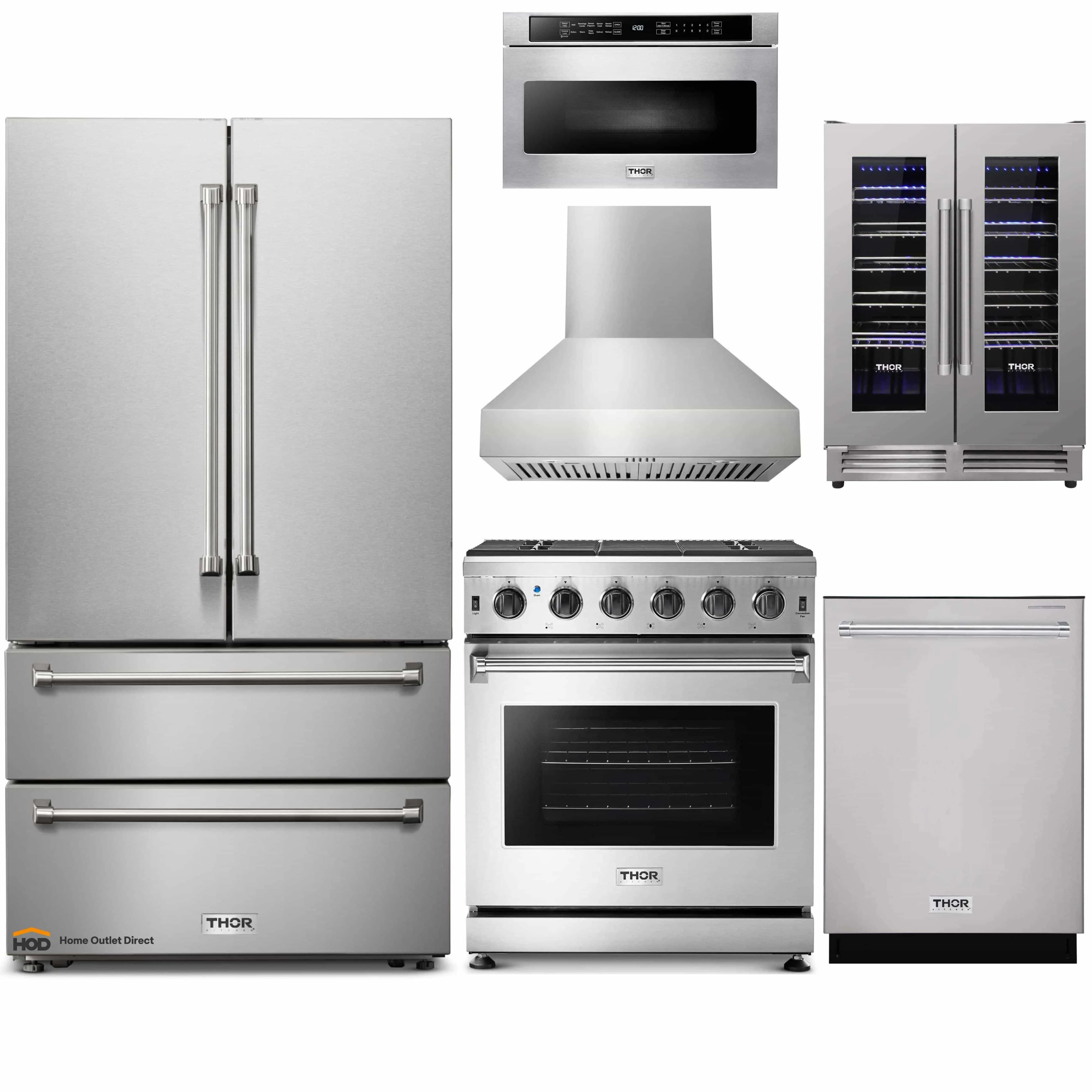 Thor Kitchen 6-Piece Appliance Package - 30-Inch Gas Range, French Door Refrigerator, Pro-Style Wall Mount Hood, Dishwasher, Microwave Drawer, and Wine Cooler in Stainless Steel