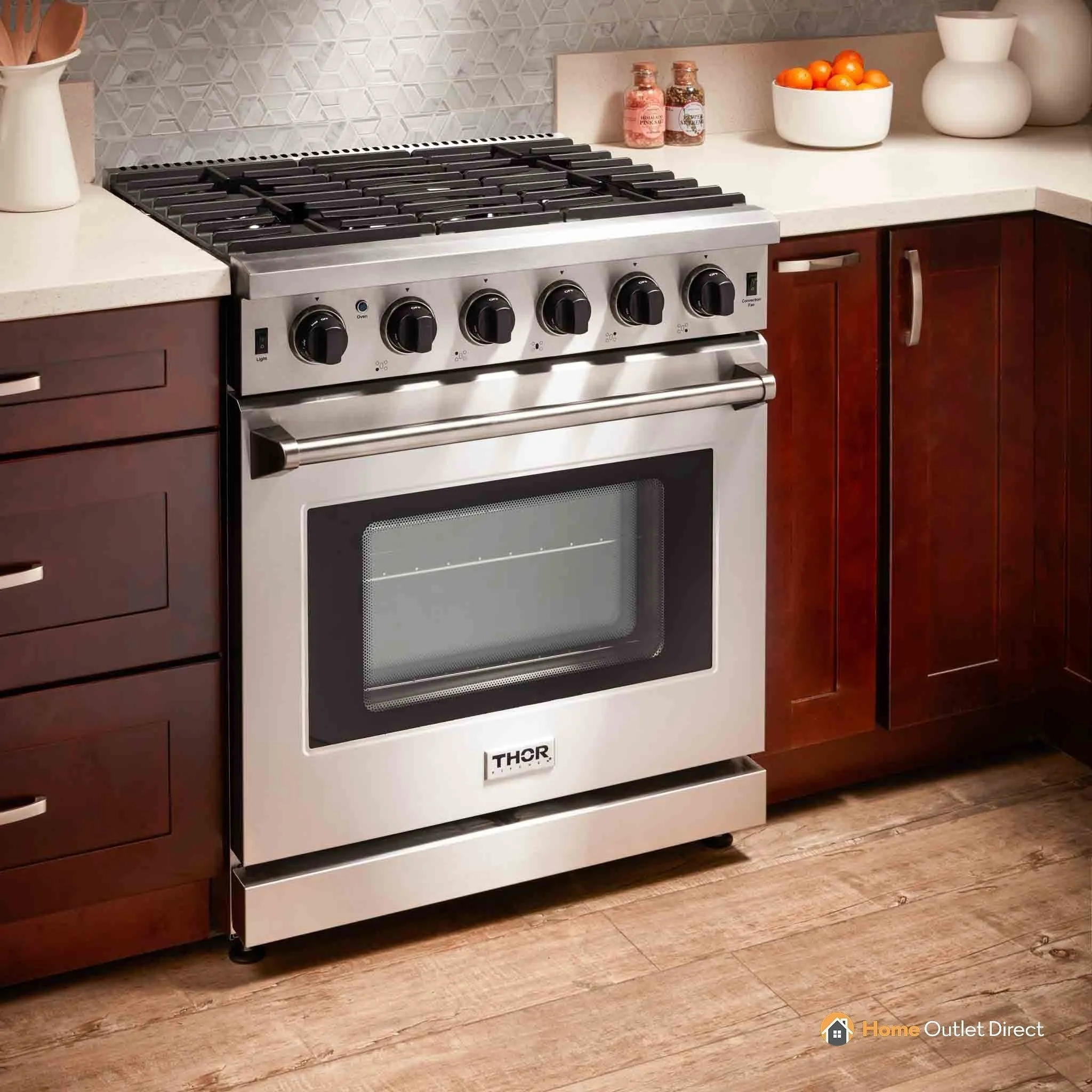 Thor Kitchen 6-Piece Appliance Package - 30-Inch Gas Range, French Door Refrigerator, Pro-Style Wall Mount Hood, Dishwasher, Microwave Drawer, and Wine Cooler in Stainless Steel