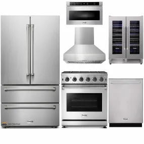 Thor Kitchen 6-Piece Appliance Package - 30-Inch Gas Range, French Door Refrigerator, Pro-Style Wall Mount Hood, Dishwasher, Microwave Drawer, and Wine Cooler in Stainless Steel