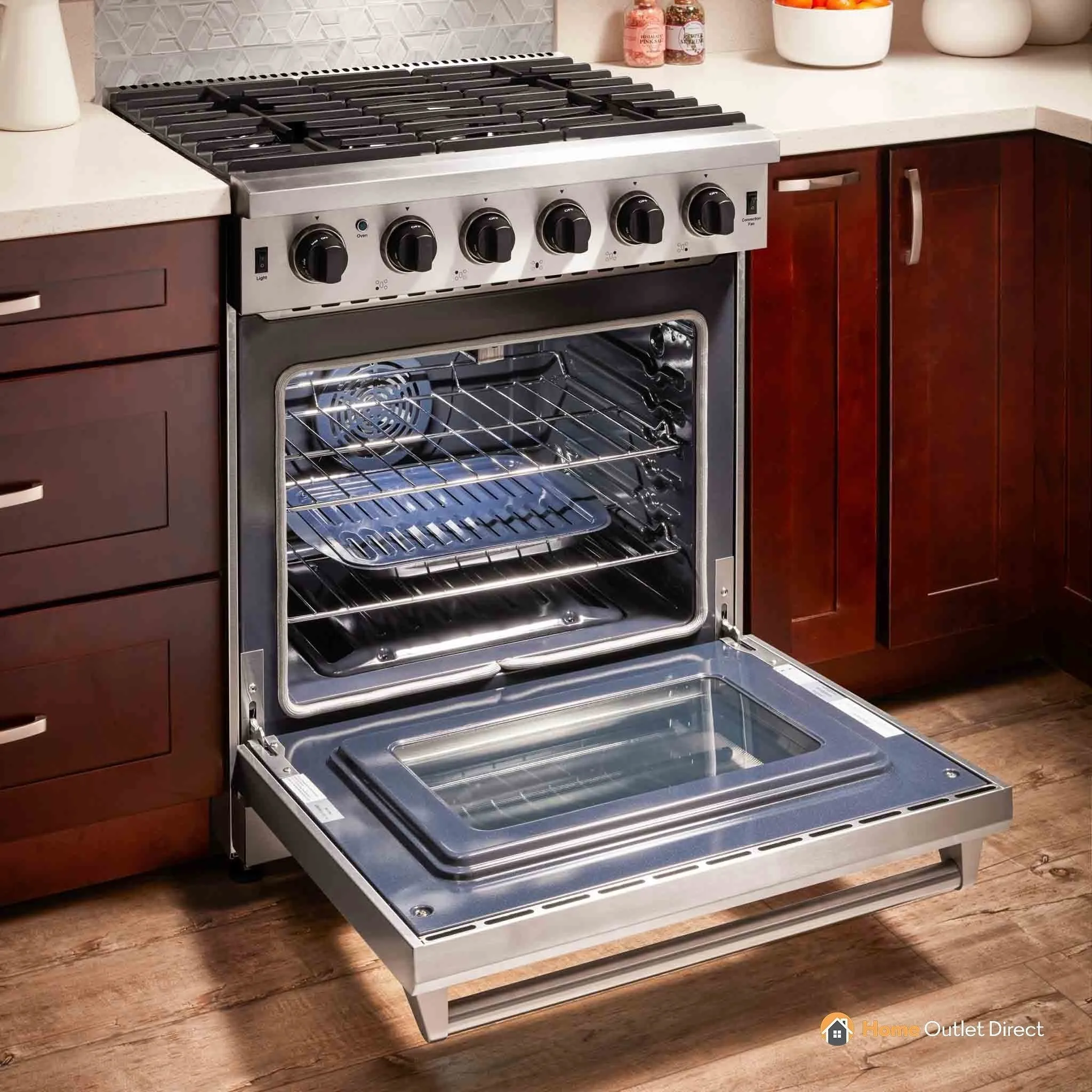 Thor Kitchen 6-Piece Appliance Package - 30-Inch Gas Range, French Door Refrigerator, Pro-Style Wall Mount Hood, Dishwasher, Microwave Drawer, and Wine Cooler in Stainless Steel