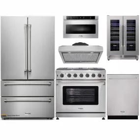 Thor Kitchen 6-Piece Appliance Package - 36-Inch Gas Range, French Door Refrigerator, Under Cabinet Hood, Dishwasher, Microwave Drawer, and Wine Cooler in Stainless Steel