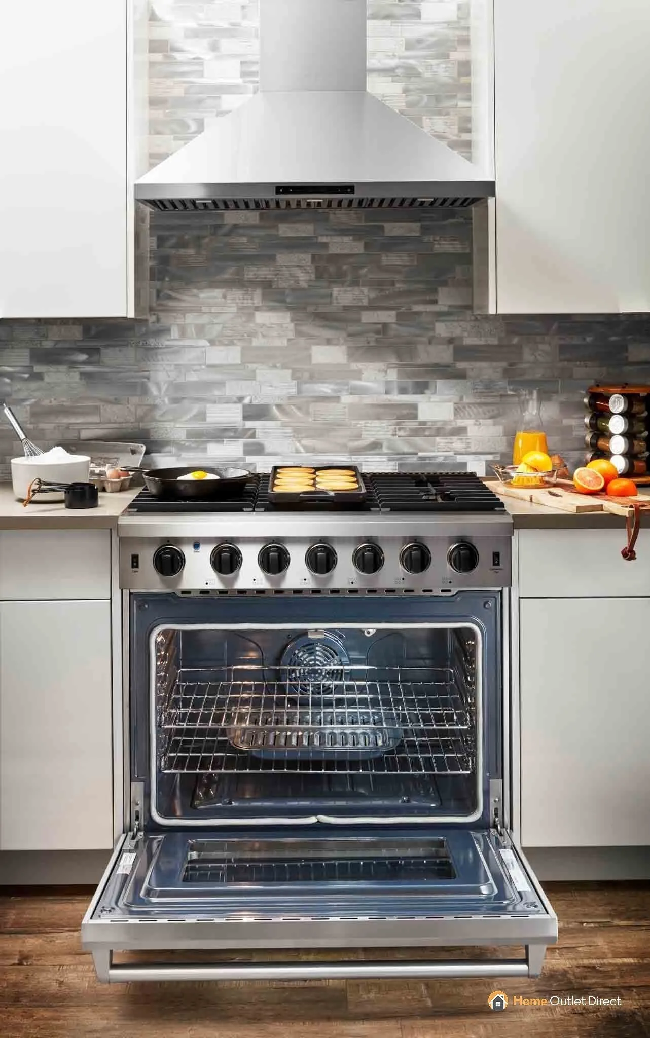 Thor Kitchen 6-Piece Appliance Package - 36-Inch Gas Range, French Door Refrigerator, Wall Mount Hood, Dishwasher, Microwave Drawer, & Wine Cooler in Stainless Steel