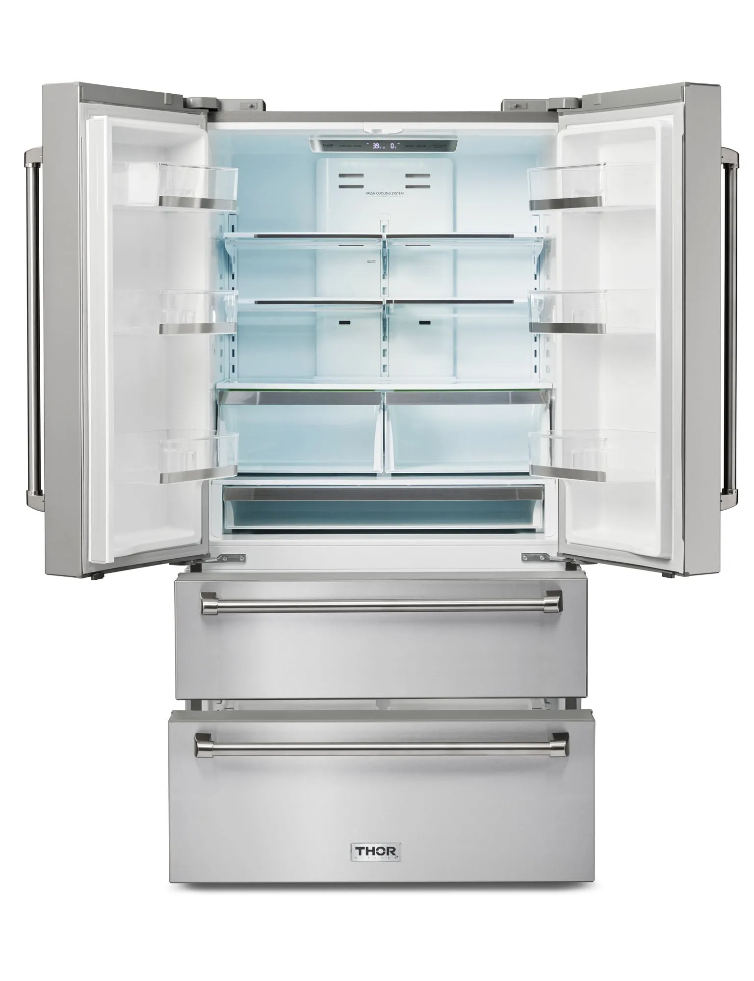 Thor Kitchen 6-Piece Appliance Package - 36-Inch Gas Range, French Door Refrigerator, Wall Mount Hood, Dishwasher, Microwave Drawer, & Wine Cooler in Stainless Steel