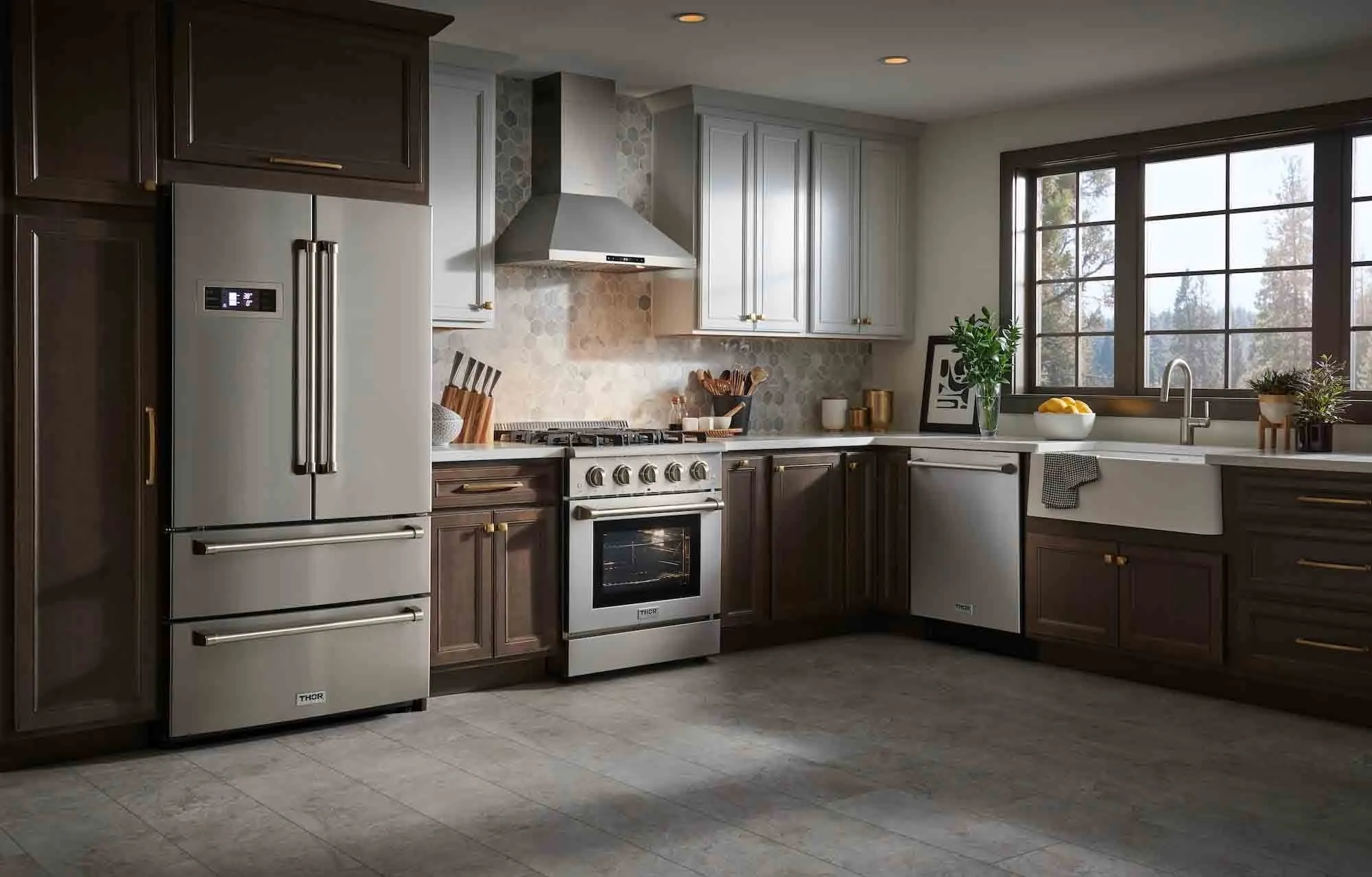 Thor Kitchen 6-Piece Pro Appliance Package - 30-Inch Gas Range, French Door Refrigerator, Wall Mount Hood, Dishwasher, Microwave Drawer, & Wine Cooler in Stainless Steel