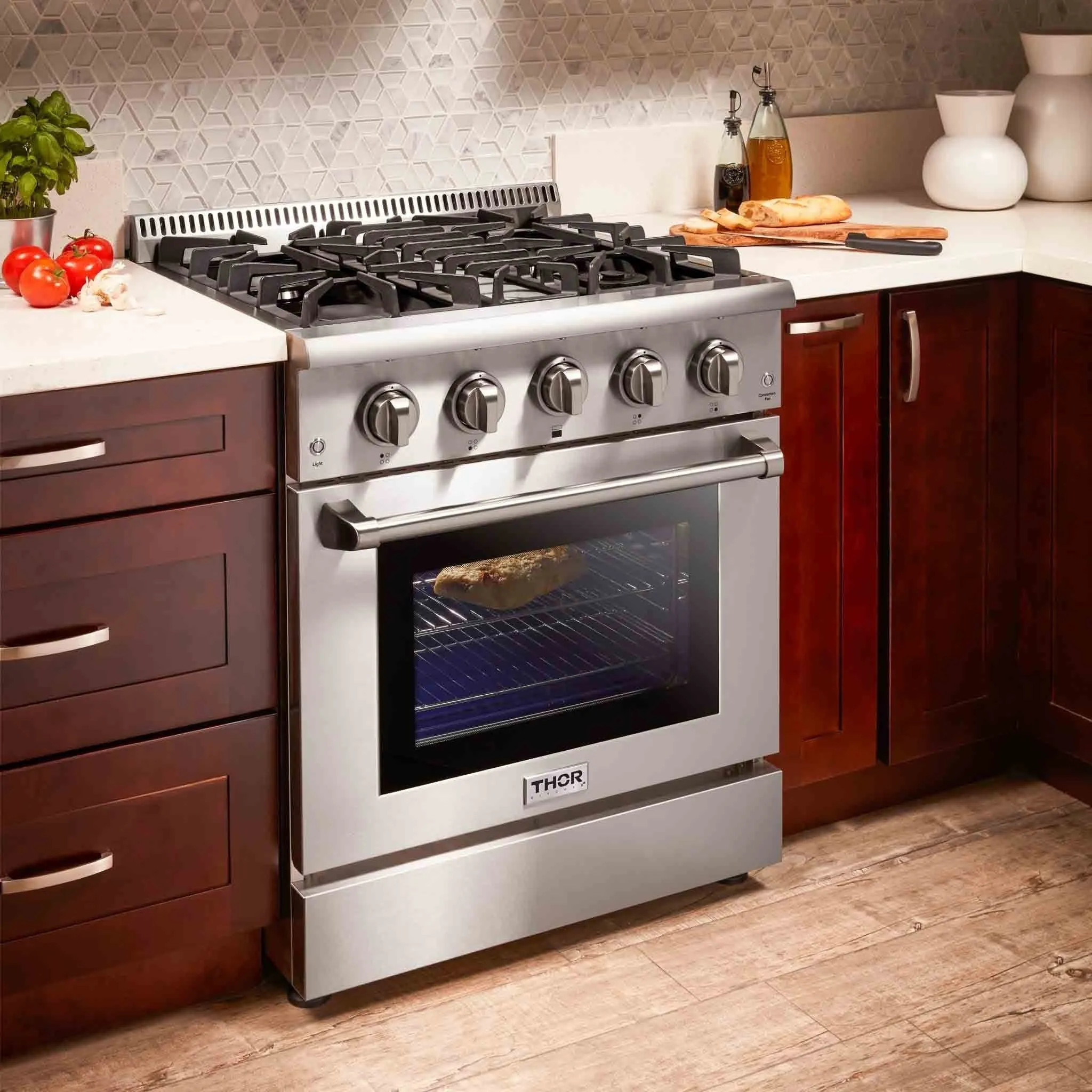 Thor Kitchen 6-Piece Pro Appliance Package - 30-Inch Gas Range, French Door Refrigerator, Wall Mount Hood, Dishwasher, Microwave Drawer, & Wine Cooler in Stainless Steel