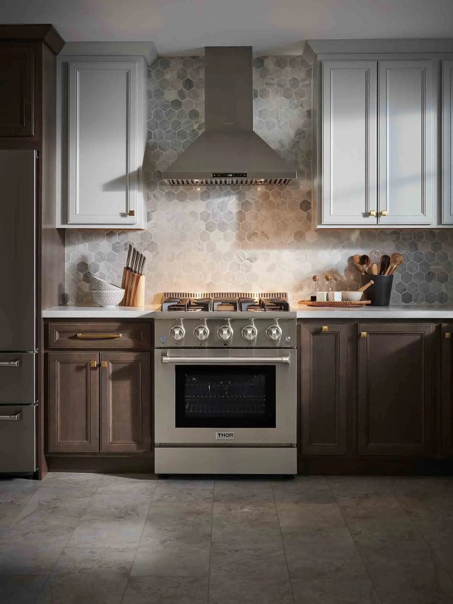 Thor Kitchen 6-Piece Pro Appliance Package - 30-Inch Gas Range, French Door Refrigerator, Wall Mount Hood, Dishwasher, Microwave Drawer, & Wine Cooler in Stainless Steel