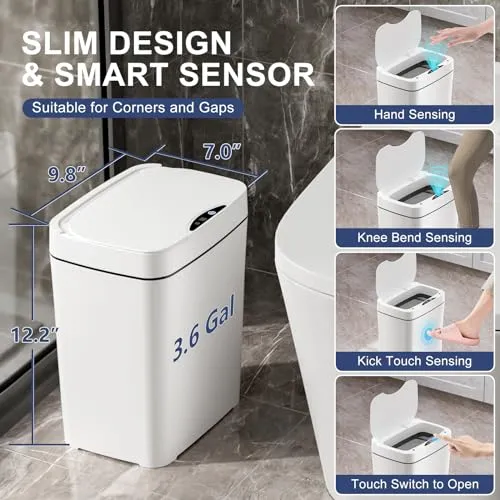Vanpopubs 2 Pack 3.6 Gal Bathroom Trash Can with Lid, Small Smart Automatic Touchless Garbage Can, Slim Motion Sensor Waterproof Plastic Trash Bin for Bedroom Office Kitchen Dorm Toilet