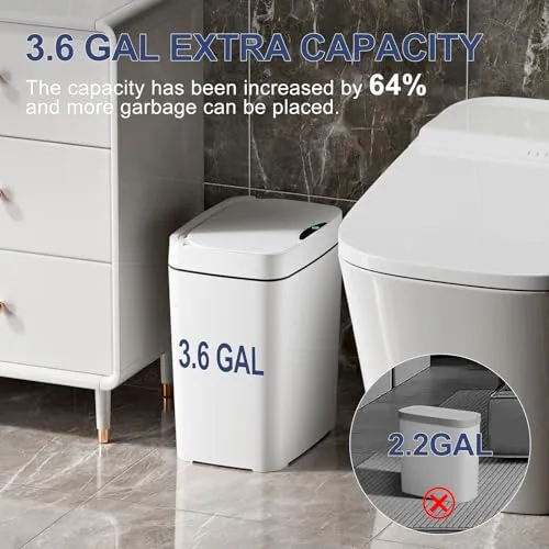 Vanpopubs 2 Pack 3.6 Gal Bathroom Trash Can with Lid, Small Smart Automatic Touchless Garbage Can, Slim Motion Sensor Waterproof Plastic Trash Bin for Bedroom Office Kitchen Dorm Toilet