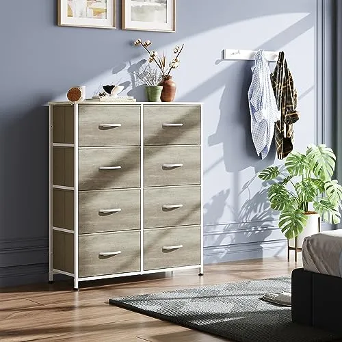 WLIVE Fabric Dresser for Bedroom, Tall Dresser with 8 Drawers, Storage Tower with Fabric Bins, Double Dresser, Chest of Drawers for Closet, Living Room, Hallway, Greige