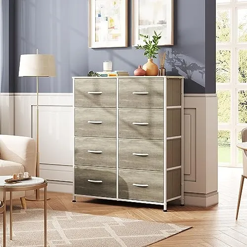 WLIVE Fabric Dresser for Bedroom, Tall Dresser with 8 Drawers, Storage Tower with Fabric Bins, Double Dresser, Chest of Drawers for Closet, Living Room, Hallway, Greige